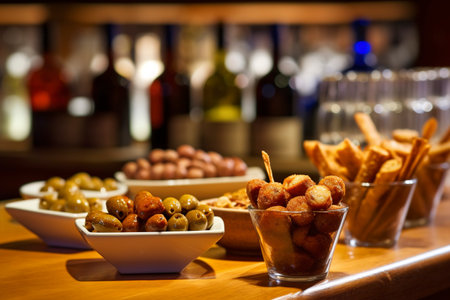 Counter of a bar with traditional Spanish Tapas. Ai generated.の素材