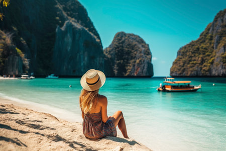 Breathtaking views of Vietnamese bays, a Western female tourist immerses herself in tropical havens, a true paradise for vacationers. Ai generated.の素材