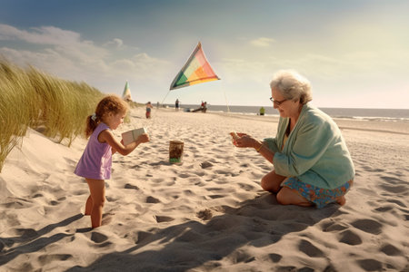 Grandma and her granddaughter, on the beach, flying kites. Ai generated.の素材