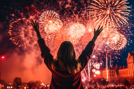 Woman enjoying the fireworks display a night of celebration. Ai generated.の素材