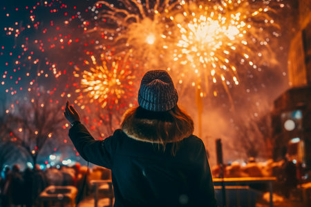Woman enjoying the fireworks display a night of celebration. Ai generated.の素材