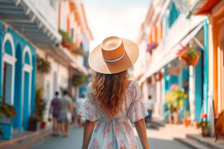 With an air of wanderlust, a carefree tourist strolls through the enchanting streets of the historic old city. Ai generated.の素材
