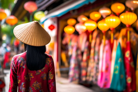 Two young girls in traditional Vietnamese dress walk down a street. Ai generated.の素材