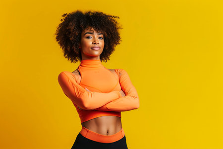 With confidence and power, a young black fitness woman strikes a pose on a vibrant yellow background. Ai generated.の素材