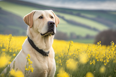 Purebred canine patiently awaits its next adventure amidst the vast expanse of a lush meadow, breathing in the fresh open air and basking. Ai generated.の素材
