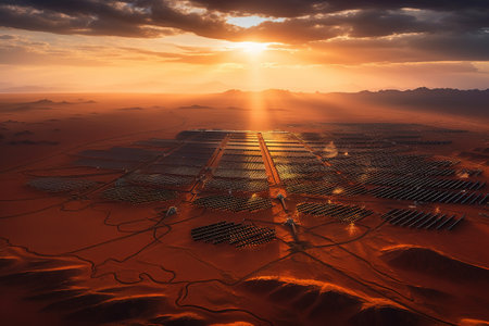The desert sand covered with a photovoltaic panel installation to produce and export electricity. Ai generated.の素材