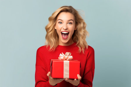 The woman's eyes widen in surprise as she receives a beautifully wrapped gift in a vibrant red box. Ai Generated.の素材