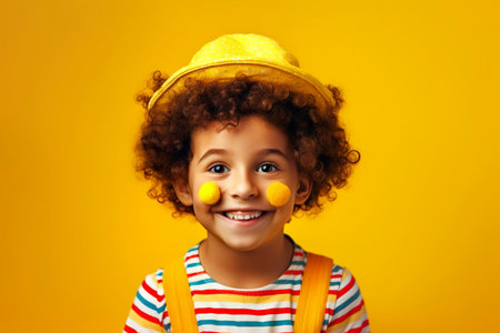 A young boy dressed as a nice clown, on a yellow background. Ai generated.の素材