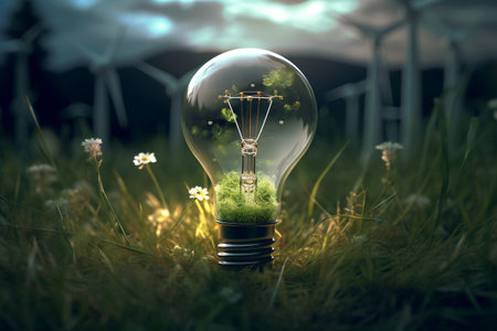 A light bulb on the grass, concept of recyclable green energy. Ai generated.の素材