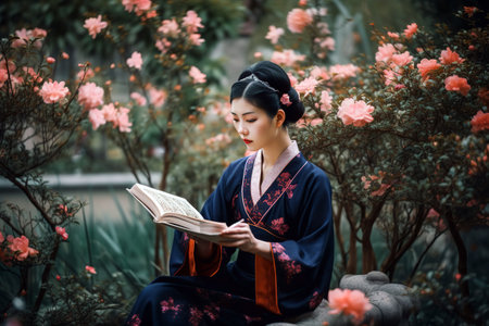 A young Chinese woman in traditional clothing reads under a cherry blossom tree. Ai generated.の素材