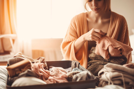 A young woman unpacking her suitcase at her hotel on vacation. Ai generated.の素材