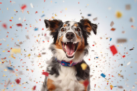 A dog full of joy surrounded by flying confetti. Ai generated.の素材