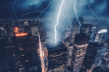 As bolts of lightning illuminate the night sky, a powerful display of nature's energy strikes a building in the bustling financial district of a vibrant city. Ai Generatedの素材