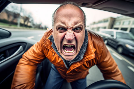 A man filled with anger and rudeness sits inside his car, reflecting his frustrated emotions. AI Generatedの素材