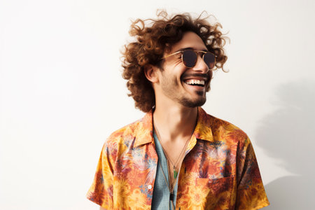 A man with a beard and sunglasses, wears a colorful beach shirt. Ai generated.の素材