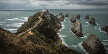 A lighthouse on the edge of a cliff overlooking the vast ocean, dramatic sky. Ai generated.の素材