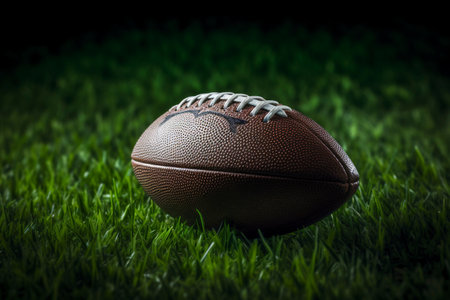American football ball, on the grass of a field, copy space. Ai generated.の素材