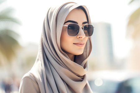 A young Muslim woman joyfully embraces her cultural expression. Ai Generatedの素材