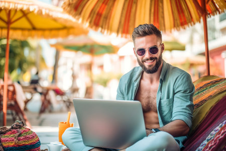 A handsome man works on his computer during his vacation at the beach. Fictitious person generated by Ai.の素材