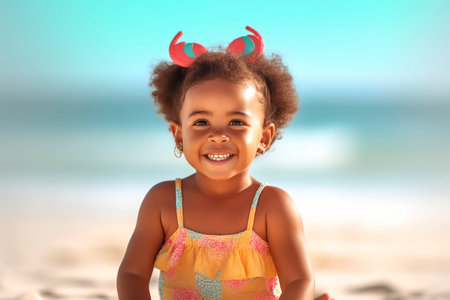 An African American 2-year-old girl enjoys a day at the beach. Ai generated.の素材