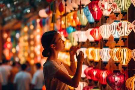 A Vietnamese woman carefully selects and orders beautifully lit lanterns at a vibrant street stall. Ai Generatedの素材