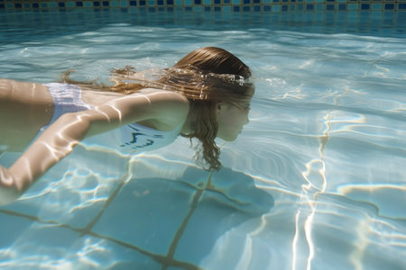 A beautiful young woman dives into the cool waters of the pool. Ai generated.の素材