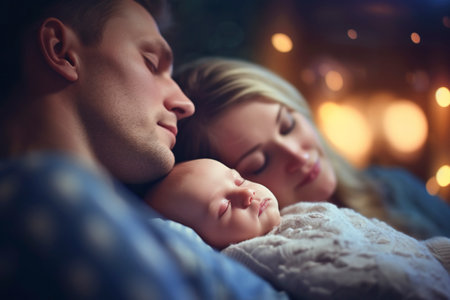 A family, parents take a nap next to their baby, loving. Ai generated.の素材
