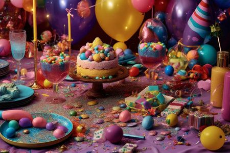 Fun children's birthday table. Fictitious person generated by Ai.の素材