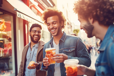 Group of friends have a few beers on a street in Madrid. AI generated fictional personの素材