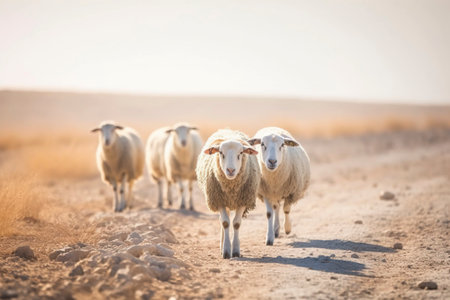 In the midst of a barren field, a flock of sheep wanders in search of food and water, their resilience shining through the arid landscape. AI Generatedの素材