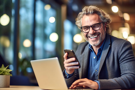 The person's face lights up with pure joy and surprise as they discover an exciting notification on their laptop screen. Ai Generated.の素材