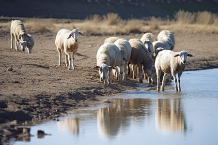 Sheep in search of food and water wandering through a barren field. Ai generated.の素材