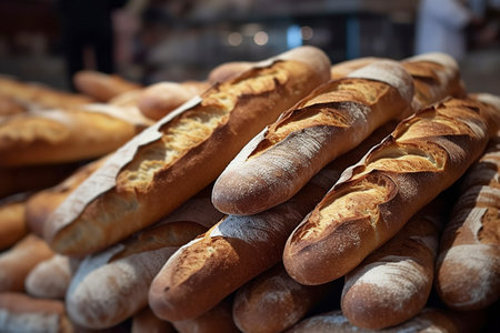 Stacked toasted baguette loaves. Ai generated.の素材
