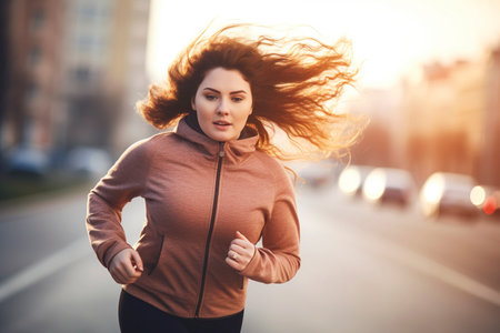 With each stride, the chubby young woman embraces the challenge, her determination fueling her weight-loss journey. Fictitious person generated by Ai.の素材