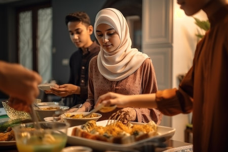 A Muslim family enjoys the banquet after the end of Ramadan. Ai generated.の素材