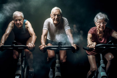 a group of mature individuals push themselves to their limits in the indoor gym. Sweat pouring from their browst. Ai generated.の素材