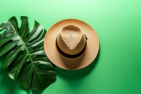 Hat and glasses, on a summer background, with shadows of leaves. Ai generated.の素材