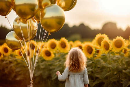 Boy playing among the sunflowers on a nice summer afternoon. Fictional person generated by AI.の素材