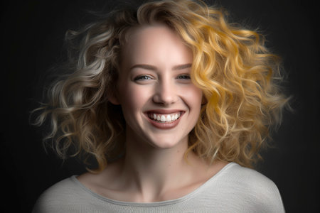 Smiling blonde-haired woman poses calm and natural. Ai generated.の素材