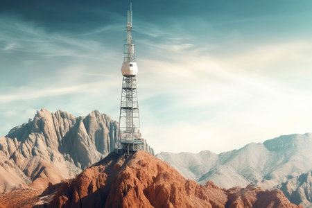 A beacon of connection, a telecommunications tower stands tall atop the majestic mountain peak. AI Generated.の素材