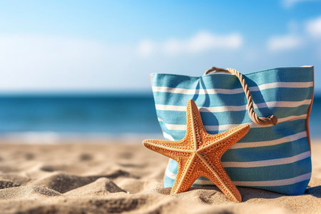 A beach bag with marine decoration, on the sand of a beach. Ai generated.の素材