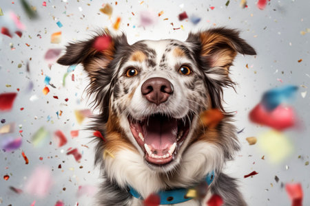 A dog full of joy surrounded by flying confetti. Ai generated.の素材