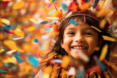 A girl with a crown of Indian feathers, surrounded by an explosion of colorful feathers. Ai generated.の素材