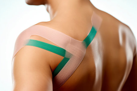 A person with kinesiological tapping strips on his back, physiotherapist treatment. Ai generated.の素材