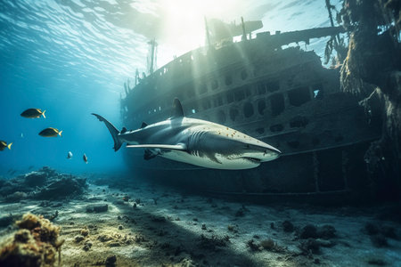 A shark swimming around an old sunken ship. Ai generated.の素材