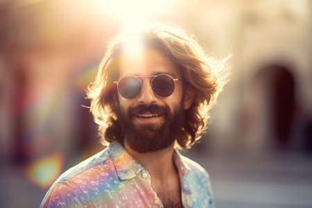 A man with a beard and sunglasses, wears a colorful beach shirt. Ai generated.の素材