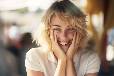 A young girl walks smiling and happy down the street, looking excited. Ai generated.の素材