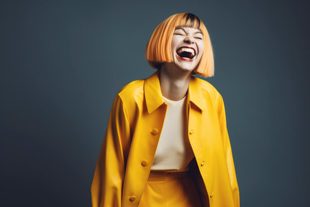 Blonde woman with funny hair and yellow clothes laughs out loud. Ai generated.の素材