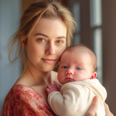 Mommy shows her baby a video on her mobile. Ai generated.の素材