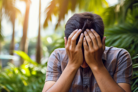 Embarrassed man covers his face with his hands. Ai generated.の素材